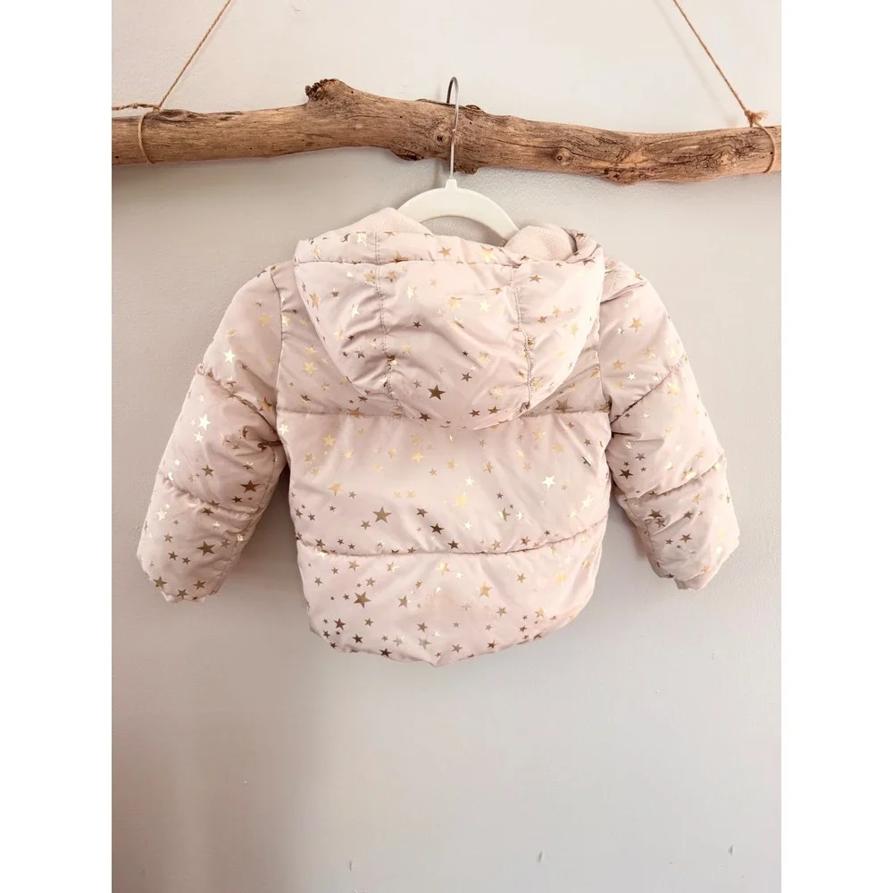 The Childrens Place Girls Puffer Jacket Pink Gold Metallic Stars Hooded Coat 4T